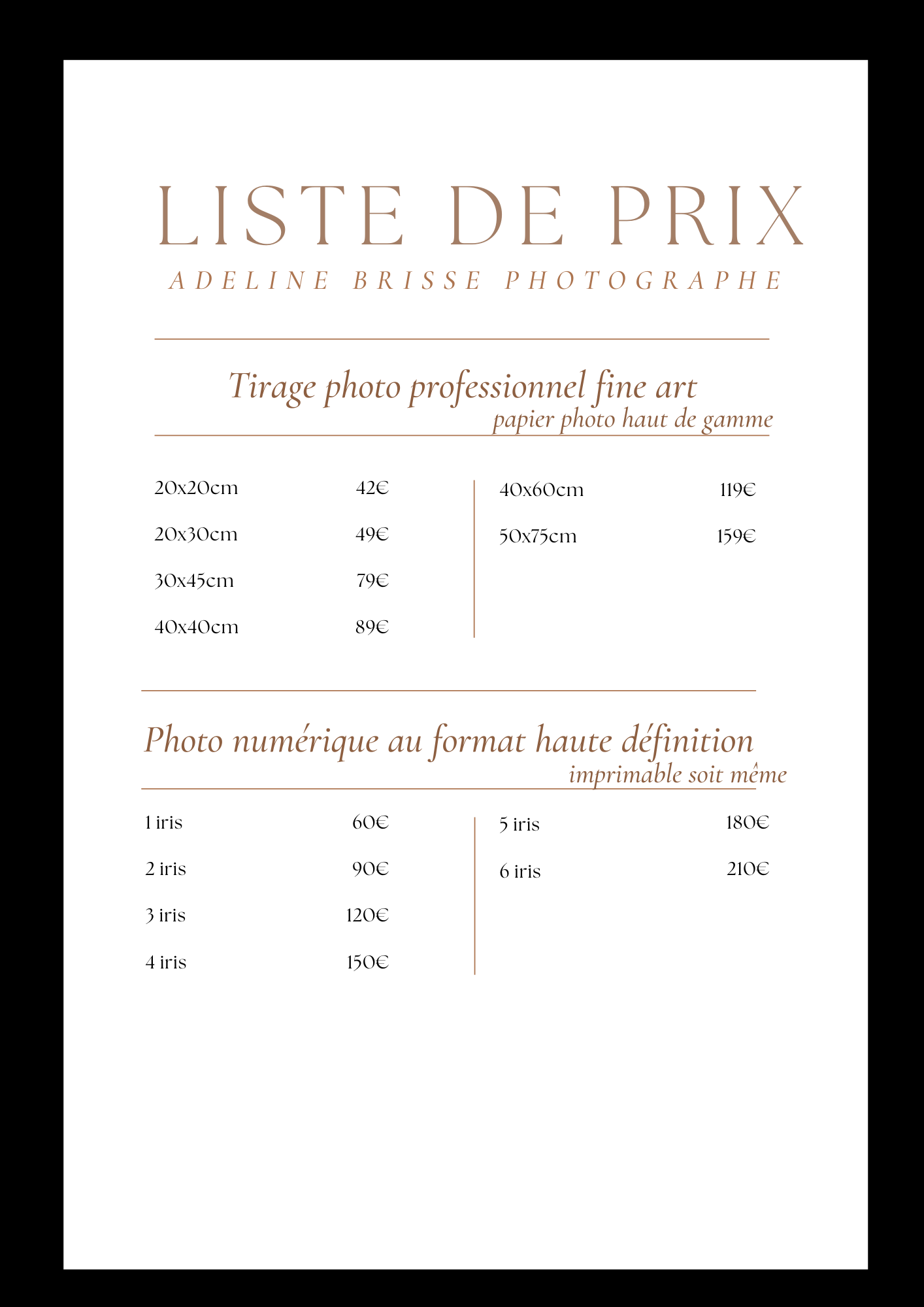 Tarifs prestation Iris | Adeline Brisse Photographe